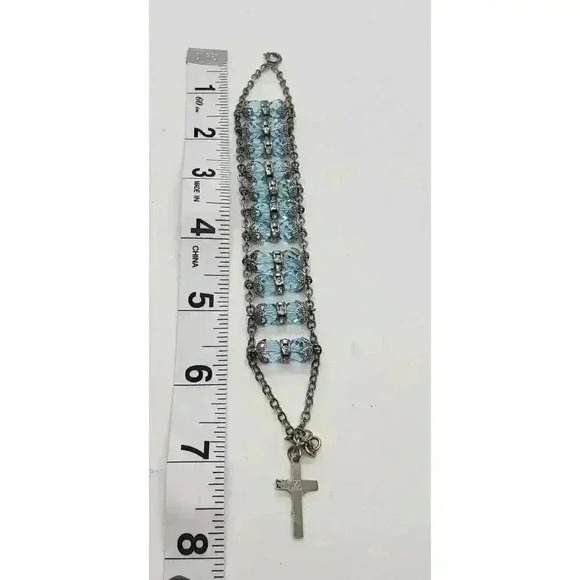 Vintage Ladder Bracelet 925 Sterling Silver Blue Crystal Clear Rhinestone Wide - Picture 10 of 12